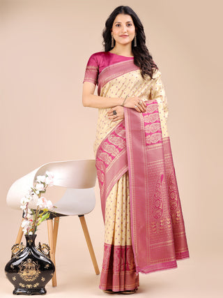 Astita Cream & Magenta Banarasi silk Woven Zari Work Traditional Tassel Saree - Distacart