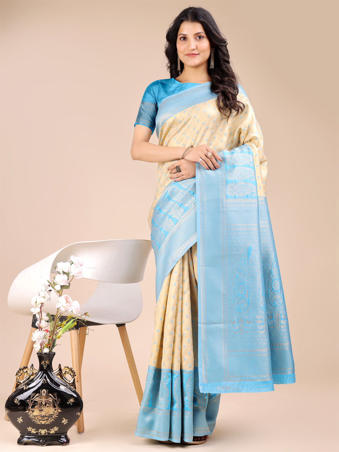 Astita Cream & Sky Blue Banarasi silk Woven Zari Work Traditional Tassel Saree - Distacart
