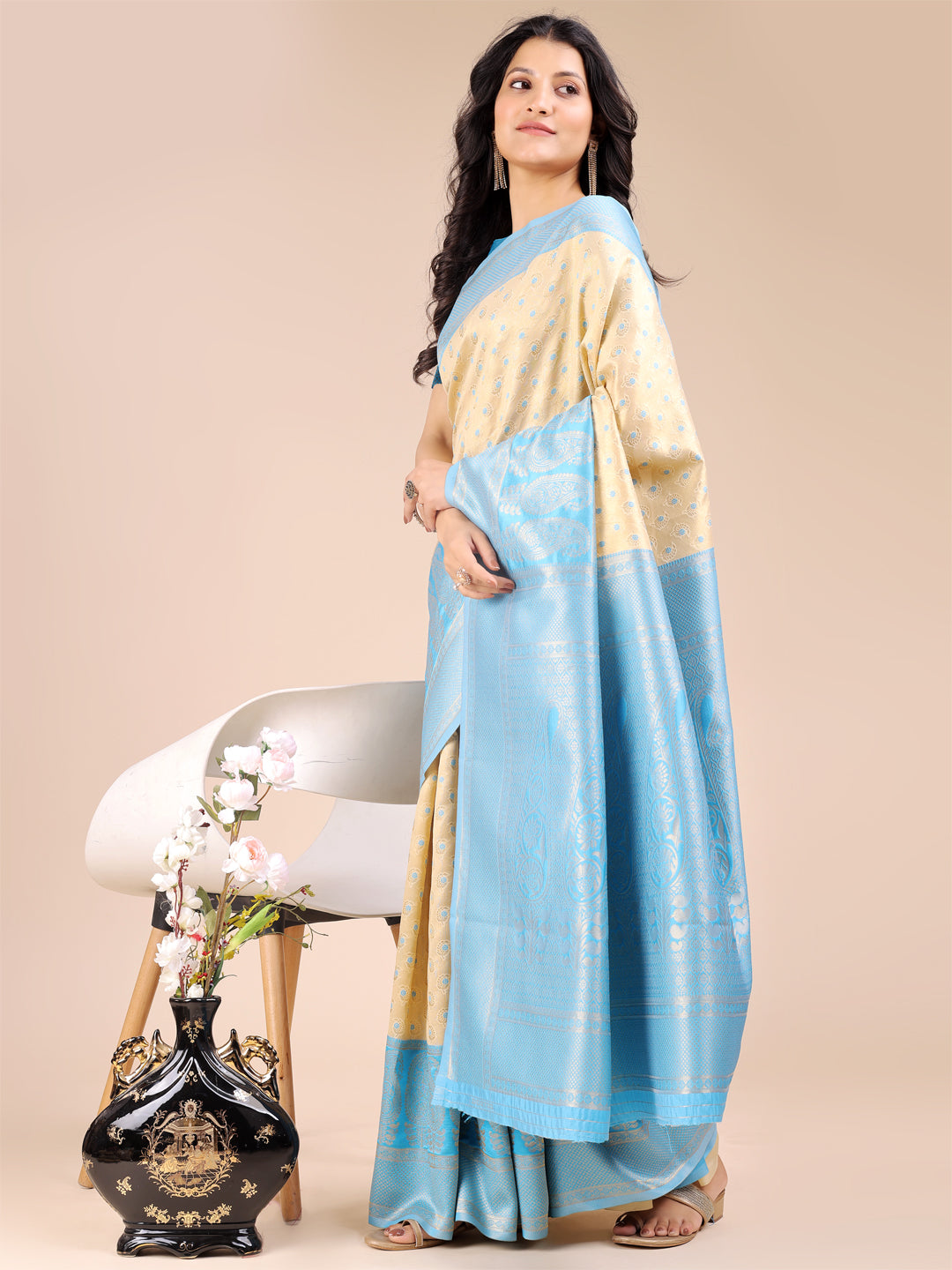 Astita Cream & Sky Blue Banarasi silk Woven Zari Work Traditional Tassel Saree - Distacart