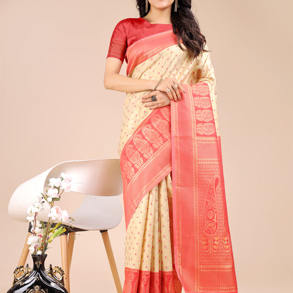 Astita Cream & Red Banarasi silk Woven Zari Work Traditional Tassel Saree - Distacart