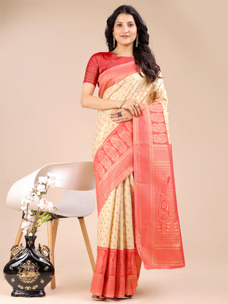 Astita Cream & Red Banarasi silk Woven Zari Work Traditional Tassel Saree - Distacart