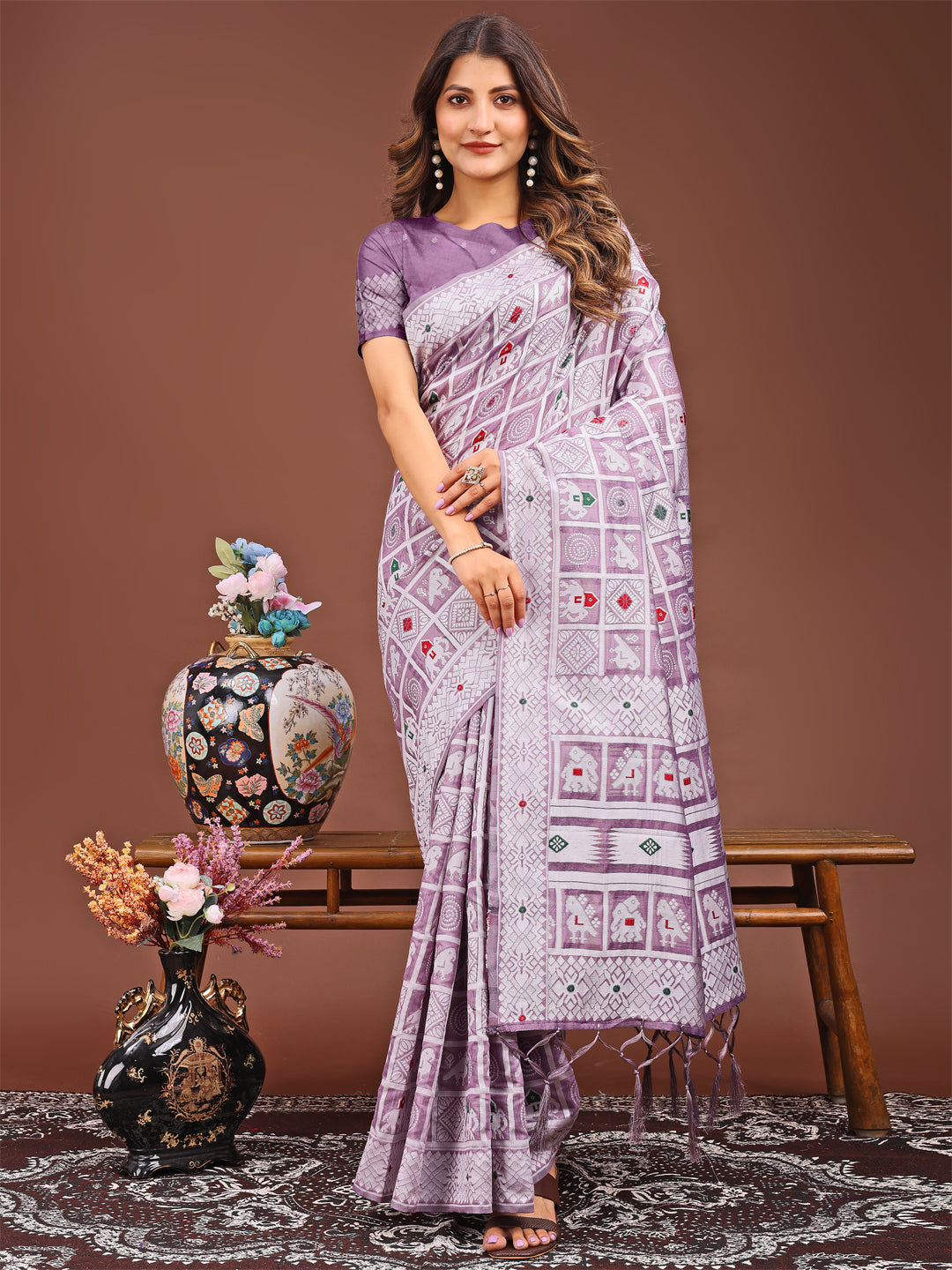 Astita Threads of Tradition: Purple Linen Cotton Saree Woven with Stories of Grace & Heritage - Distacart