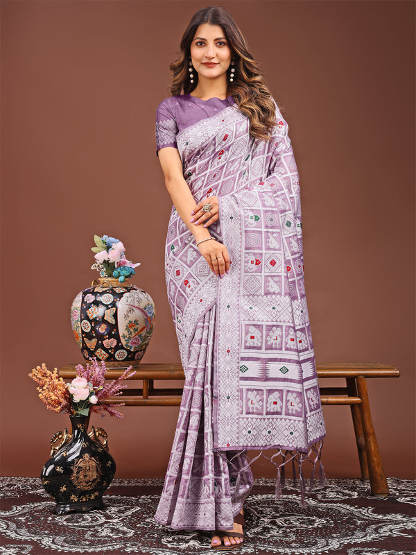 Astita Threads of Tradition: Purple Linen Cotton Saree Woven with Stories of Grace & Heritage - Distacart