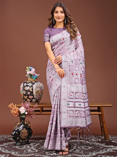 Astita Threads of Tradition: Purple Linen Cotton Saree Woven with Stories of Grace & Heritage - Distacart
