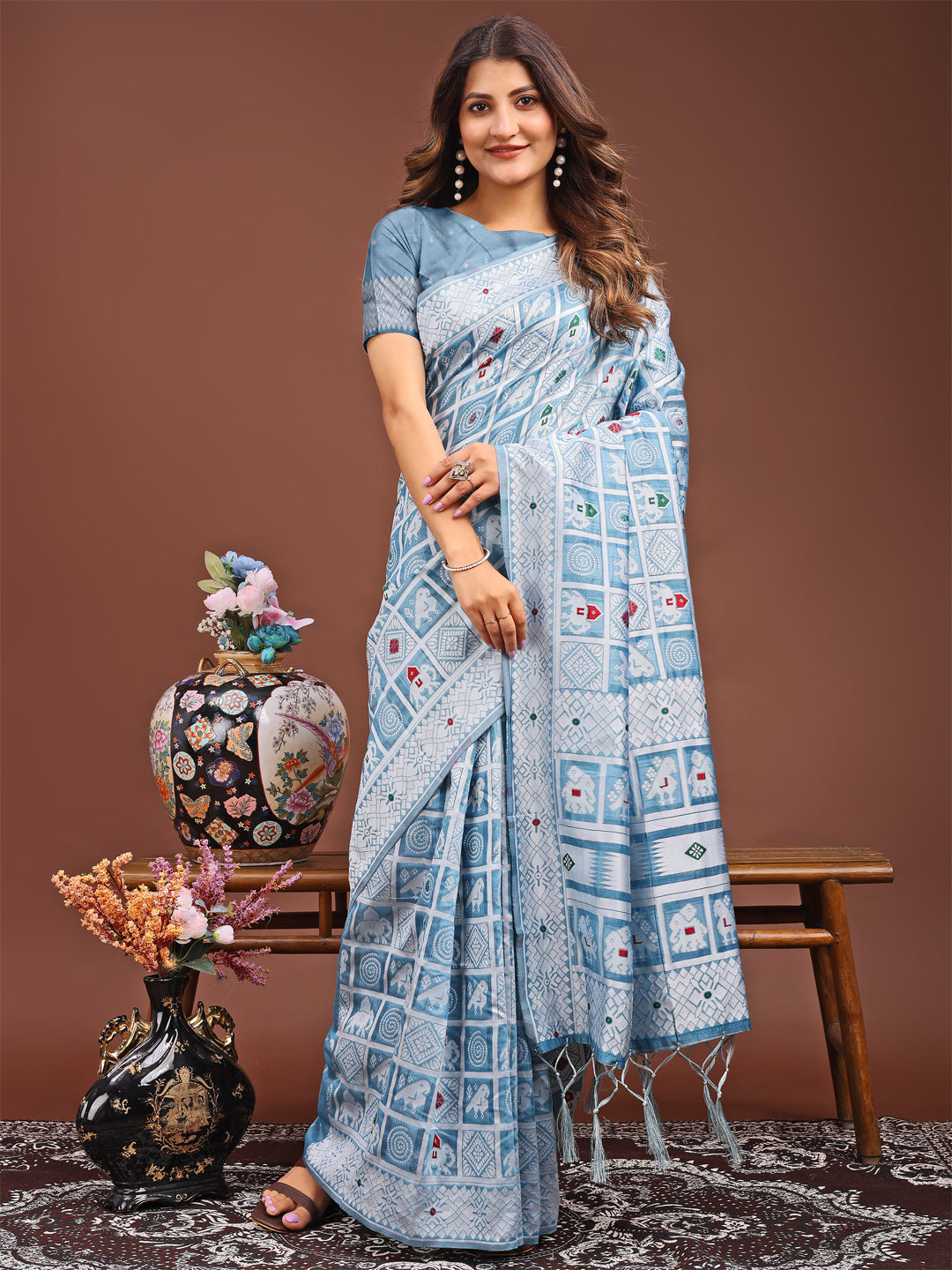 Astita Threads of Tradition: Sky Blue Linen Cotton Saree Woven with Stories of Grace & Heritage - Distacart
