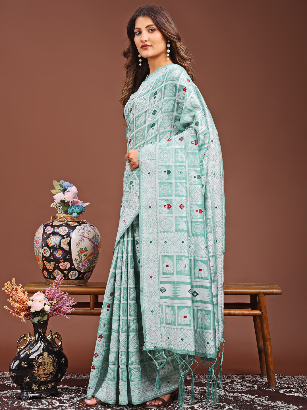 Astita Threads of Tradition: Sea Green Linen Cotton Saree Woven with Stories of Grace & Heritage - Distacart