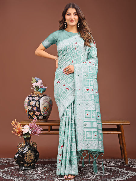 Astita Threads of Tradition: Sea Green Linen Cotton Saree Woven with Stories of Grace & Heritage - Distacart