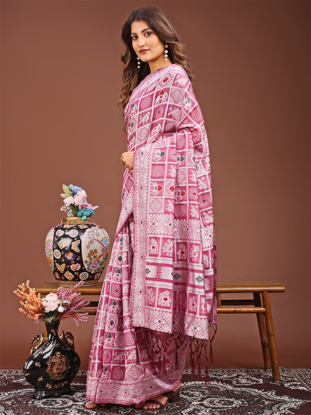 Shree Shyam Fashion Threads of Tradition: Pink Linen Cotton Saree Woven with Stories of Grace & Heritage - Distacart
