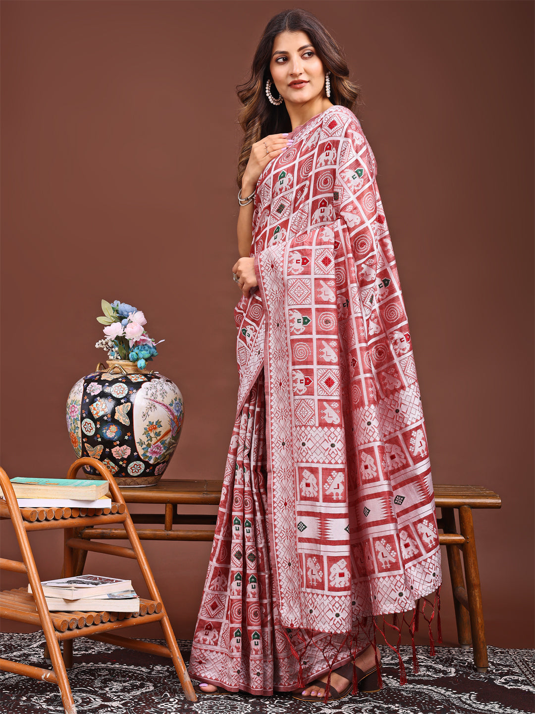 Shree Shyam Fashion Threads of Tradition: Peach Linen Cotton Saree Woven with Stories of Grace & Heritage - Distacart