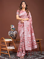 Thumbnail for Astita Threads of Tradition: Peach Linen Cotton Saree Woven with Stories of Grace & Heritage - Distacart