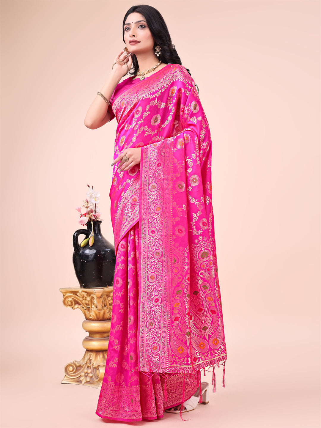 Astita Elegant Pink Banarasi Cotton Saree with Zari Leaf Motifs and Rich Pallu - Traditional Indian Saree for Festive & Wedding Wear - Distacart