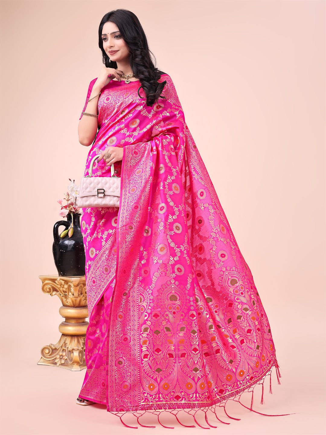 Astita Pink Banarasi Silk Saree with Floral Zari Weaving - Festive Traditional Elegance for Weddings & Celebrations - Distacart