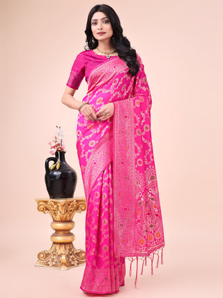 Astita Elegant Pink Banarasi Cotton Saree with Zari Leaf Motifs and Rich Pallu - Traditional Indian Saree for Festive & Wedding Wear - Distacart
