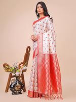 Thumbnail for Astita White & Red Banarasi Silk Saree with Teardrop Weaving & Rich Zari Pallu - Traditional Elegance for Festive Looks