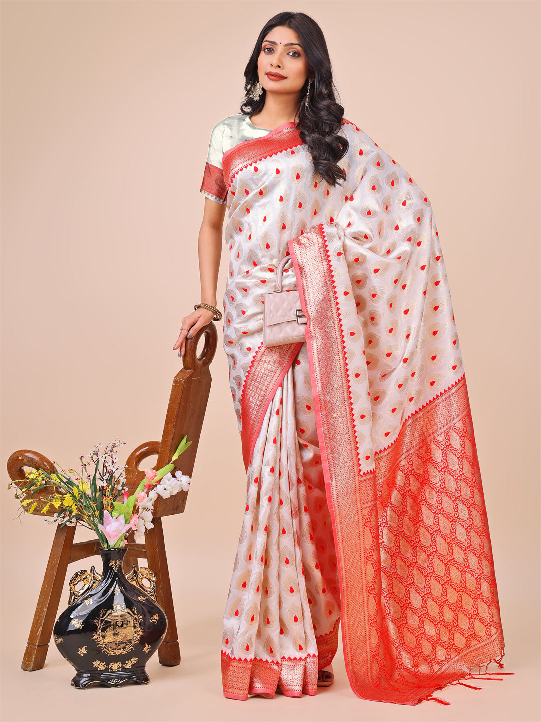 Astita Elegant Maroon Banarasi Cotton Saree with Zari Leaf Motifs and Rich Pallu - Traditional Indian Saree for Festive & Wedding Wear