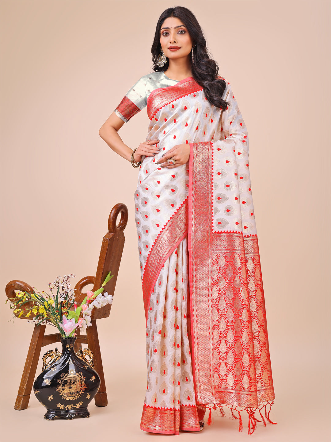 Astita White & Red Banarasi Silk Saree with Teardrop Weaving & Rich Zari Pallu - Traditional Elegance for Festive Looks