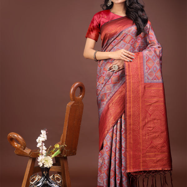 Astita Majestic Red & Grey Silk Saree with Rich Woven Pallu - A Regal Touch for Special Moments - Distacart