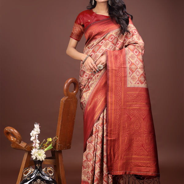 Astita Majestic Red & Cream Silk Saree with Rich Woven Pallu - A Regal Touch for Special Moments - Distacart
