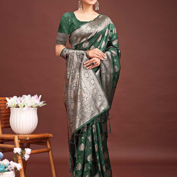 Astita Dark Green Banarasi Silk Saree with Zari Weaving - A Timeless Tale of Elegance - Distacart