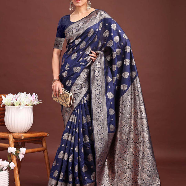 Astita Navy Blue Banarasi Silk Saree with Zari Weaving - A Timeless Tale of Elegance - Distacart