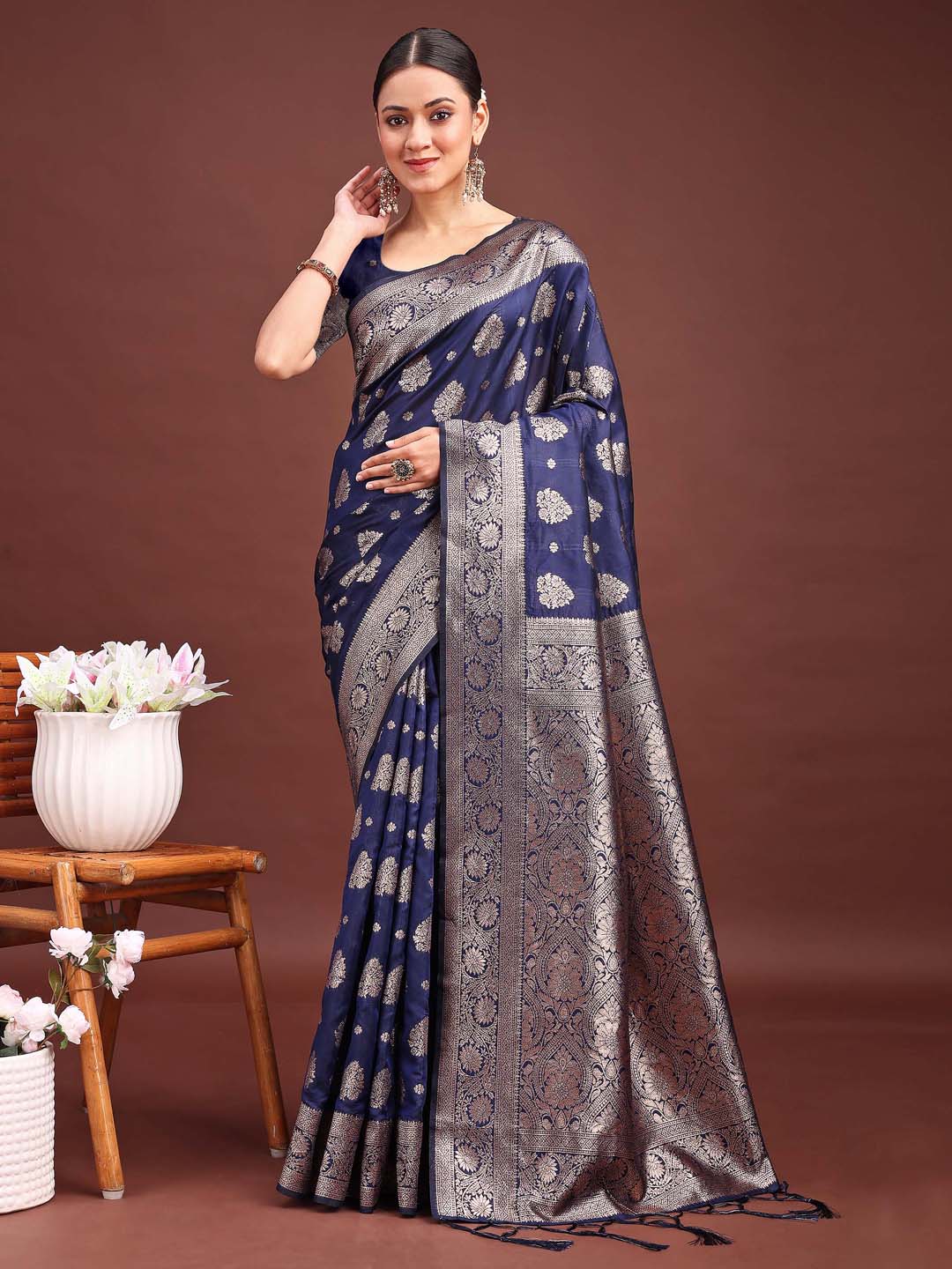 Astita Navy Blue Banarasi Silk Saree with Zari Weaving - A Timeless Tale of Elegance - Distacart