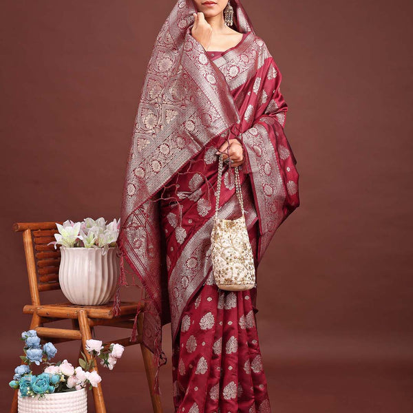 Astita Maroon Banarasi Silk Saree with Zari Weaving - A Timeless Tale of Elegance - Distacart