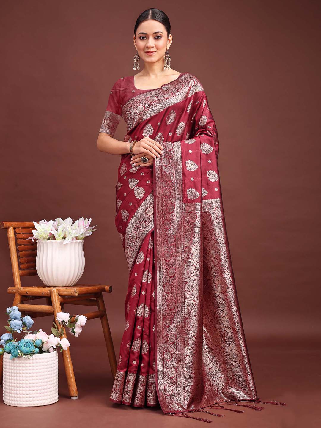 Astita Maroon Banarasi Silk Saree with Zari Weaving - A Timeless Tale of Elegance - Distacart