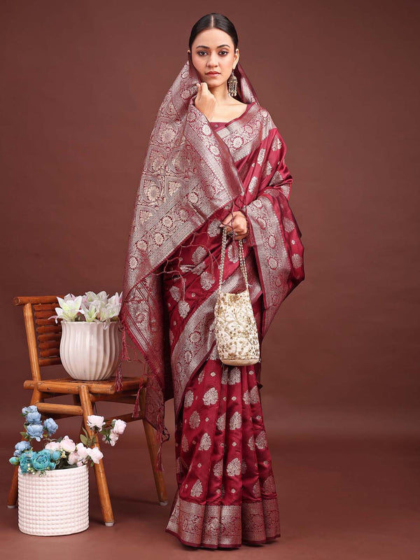 Astita Maroon Banarasi Silk Saree with Zari Weaving - A Timeless Tale of Elegance - Distacart