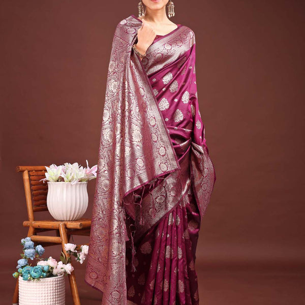 Astita Purple Banarasi Silk Saree with Zari Weaving - A Timeless Tale of Elegance - Distacart