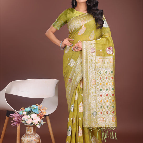 Astita Elegant Olive Green Linen Cotton Saree with Zari Border & Woven Motifs - Perfect for Sophisticated Everyday & Festive Looks - Distacart