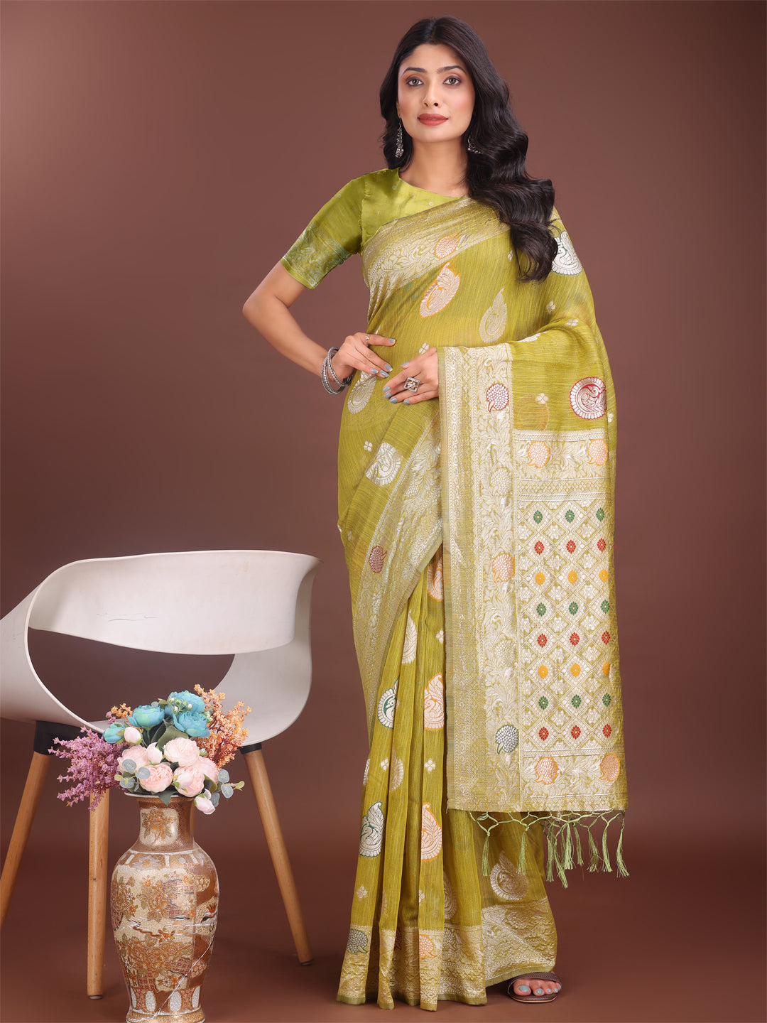 Shree Shyam Fashion Elegant Olive Green Linen Cotton Saree with Zari Border & Woven Motifs - Perfect for Sophisticated Everyday & Festive Looks - Distacart