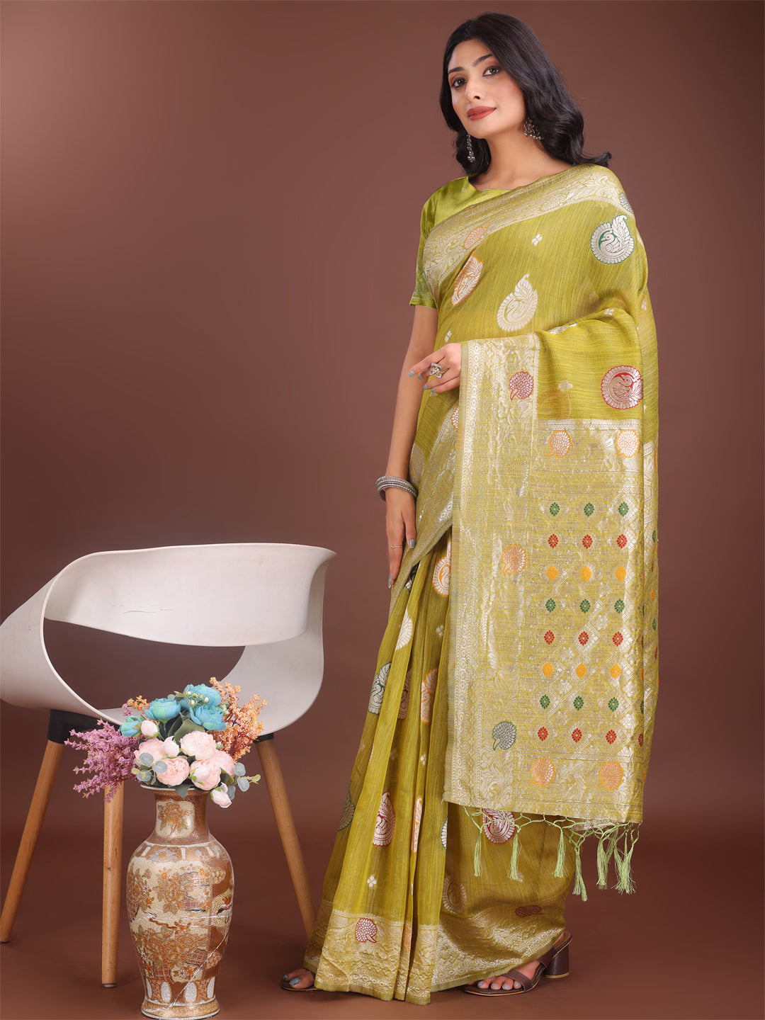 Astita Elegant Olive Green Linen Cotton Saree with Zari Border & Woven Motifs - Perfect for Sophisticated Everyday & Festive Looks - Distacart