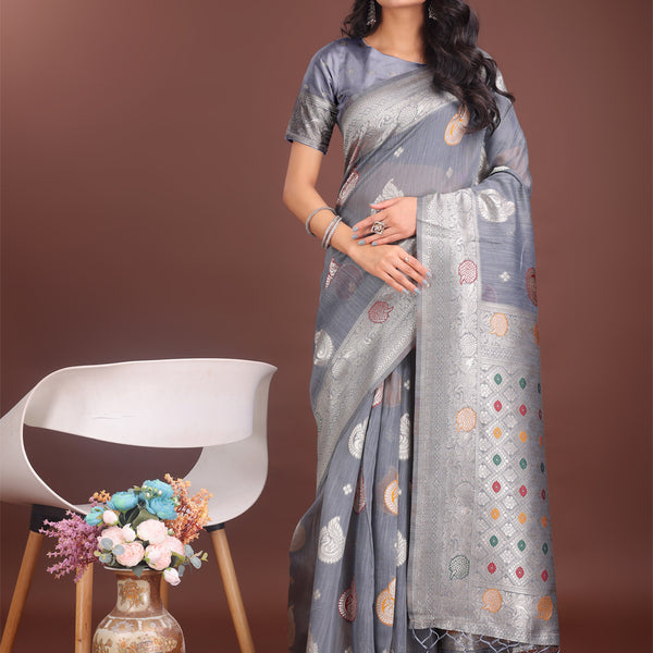 Astita Elegant Grey Linen Cotton Saree with Zari Border & Woven Motifs - Perfect for Sophisticated Everyday & Festive Looks - Distacart