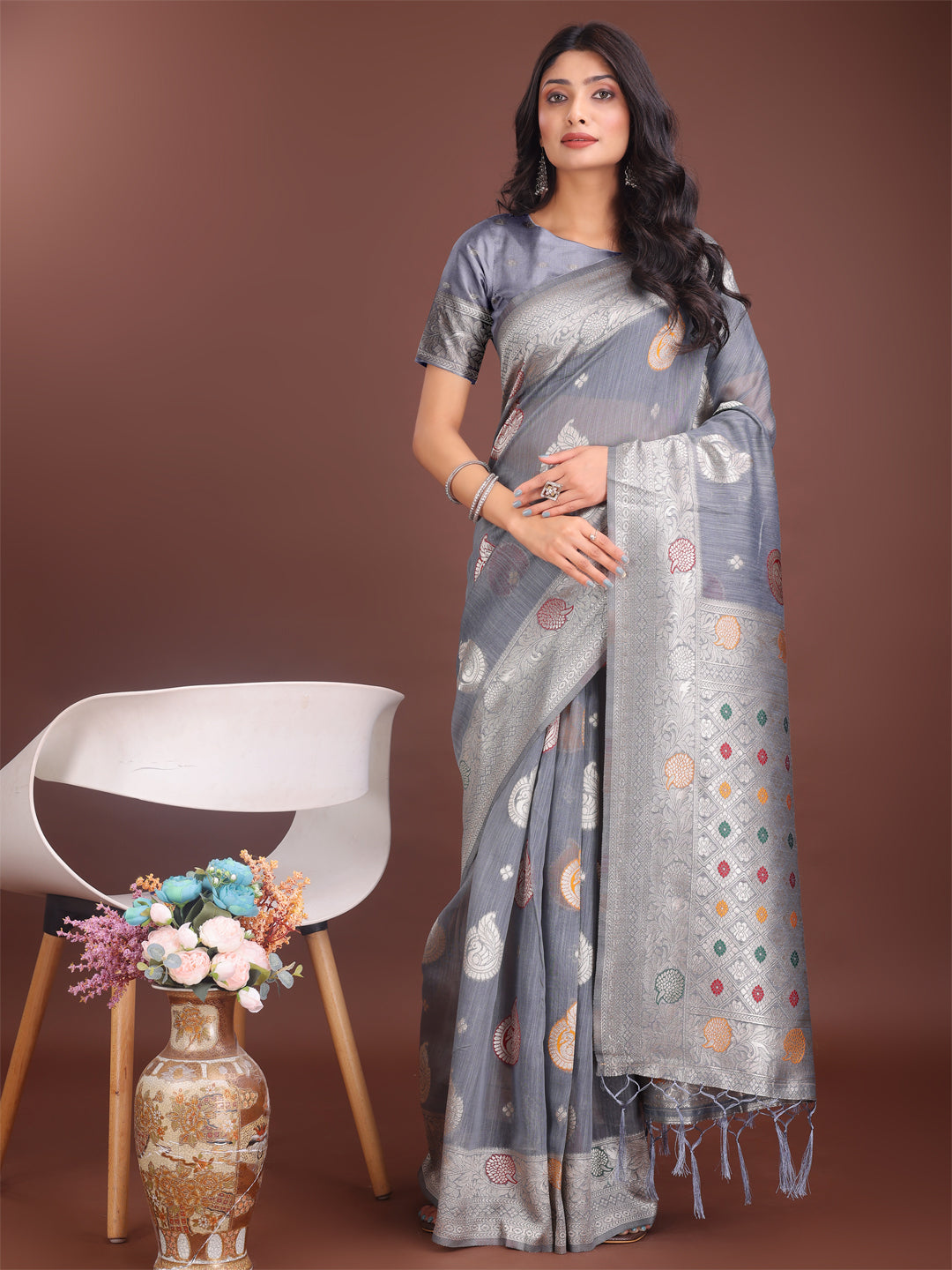 Shree Shyam Fashion Elegant Grey Linen Cotton Saree with Zari Border & Woven Motifs - Perfect for Sophisticated Everyday & Festive Looks - Distacart