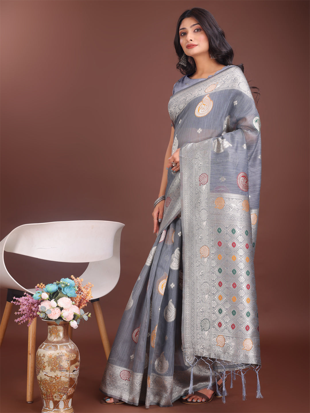 Astita Elegant Grey Linen Cotton Saree with Zari Border & Woven Motifs - Perfect for Sophisticated Everyday & Festive Looks - Distacart