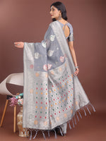 Thumbnail for Astita Elegant Grey Linen Cotton Saree with Zari Border & Woven Motifs - Perfect for Sophisticated Everyday & Festive Looks - Distacart
