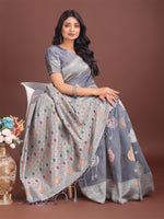 Thumbnail for Astita Elegant Grey Linen Cotton Saree with Zari Border & Woven Motifs - Perfect for Sophisticated Everyday & Festive Looks - Distacart