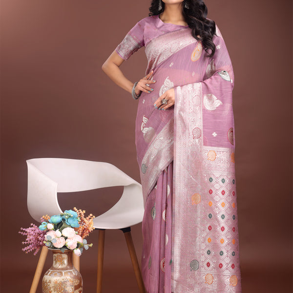 Astita Elegant Purple Linen Cotton Saree with Zari Border & Woven Motifs - Perfect for Sophisticated Everyday & Festive Looks - Distacart