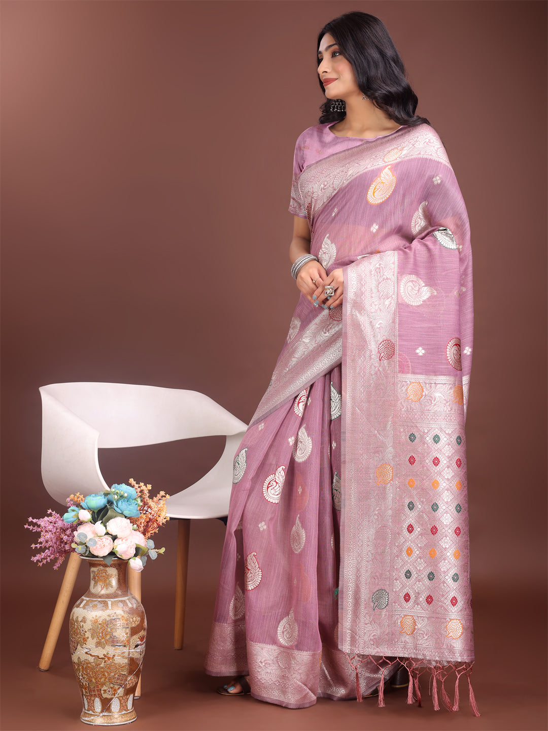 Astita Elegant Purple Linen Cotton Saree with Zari Border & Woven Motifs - Perfect for Sophisticated Everyday & Festive Looks - Distacart