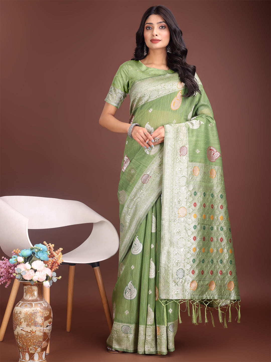 Astita Elegant Light Green Linen Cotton Saree with Zari Border & Woven Motifs - Perfect for Sophisticated Everyday & Festive Looks - Distacart