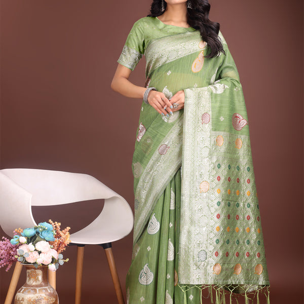 Astita Elegant Light Green Linen Cotton Saree with Zari Border & Woven Motifs - Perfect for Sophisticated Everyday & Festive Looks - Distacart