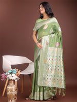 Thumbnail for Astita Elegant Light Green Linen Cotton Saree with Zari Border & Woven Motifs - Perfect for Sophisticated Everyday & Festive Looks - Distacart