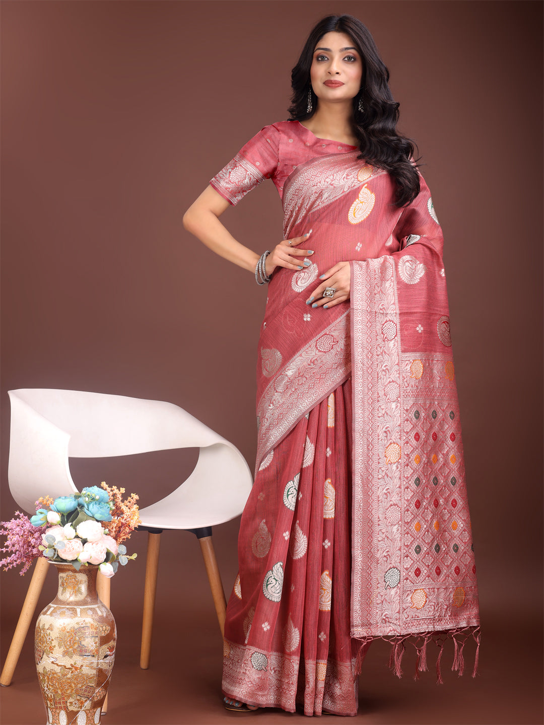 Astita Elegant Pink Linen Cotton Saree with Zari Border & Woven Motifs - Perfect for Sophisticated Everyday & Festive Looks - Distacart