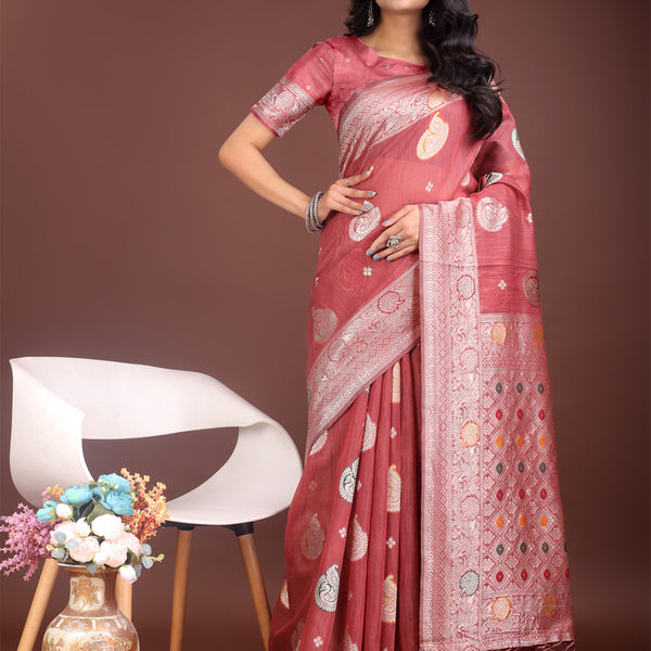 Astita Elegant Pink Linen Cotton Saree with Zari Border & Woven Motifs - Perfect for Sophisticated Everyday & Festive Looks - Distacart