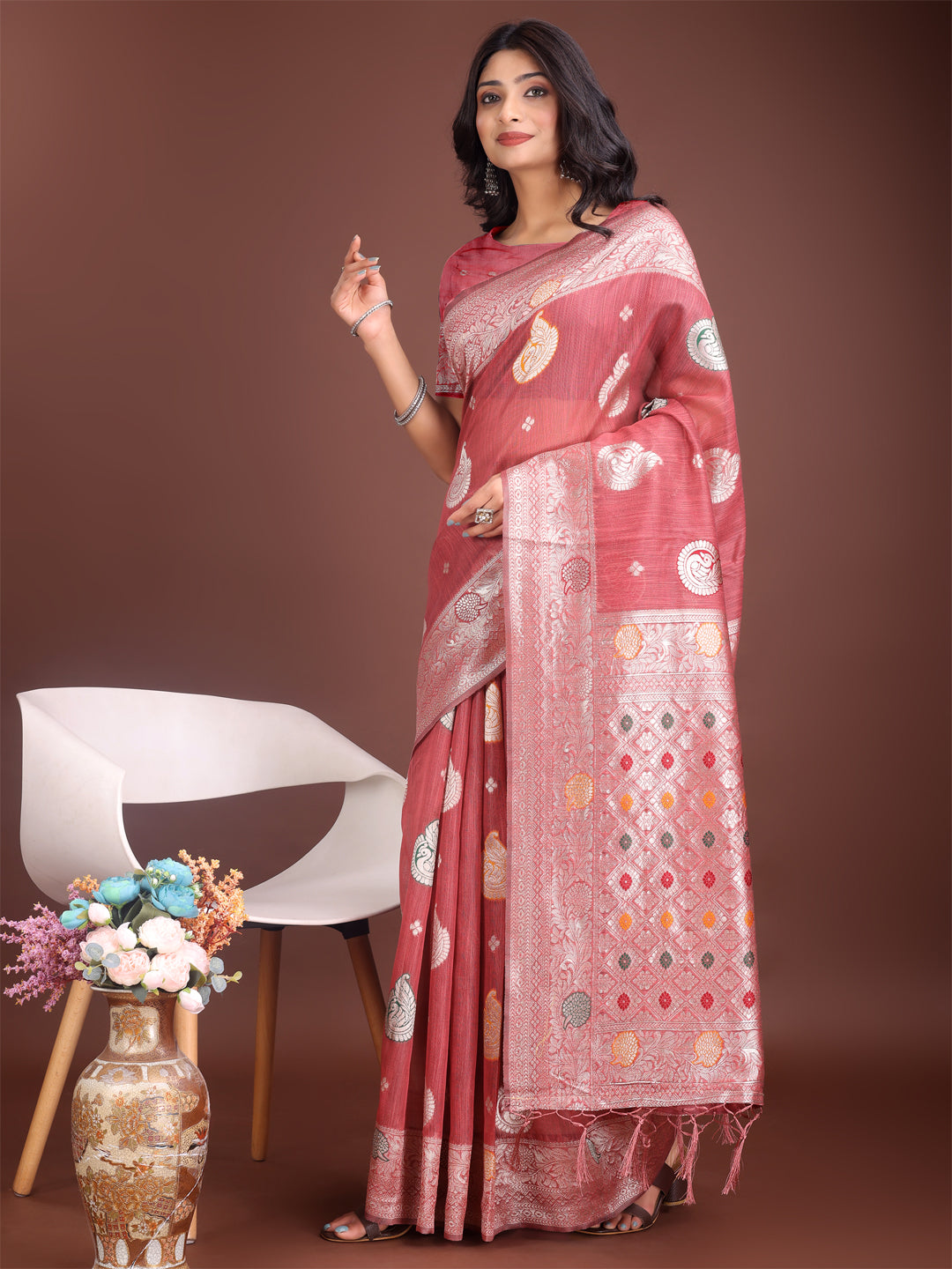 Astita Elegant Pink Linen Cotton Saree with Zari Border & Woven Motifs - Perfect for Sophisticated Everyday & Festive Looks - Distacart