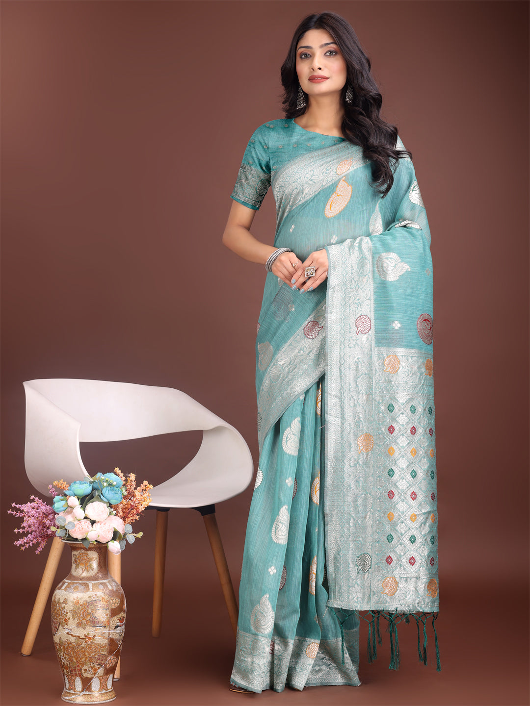 Astita Elegant Sea Green Linen Cotton Saree with Zari Border & Woven Motifs - Perfect for Sophisticated Everyday & Festive Looks - Distacart