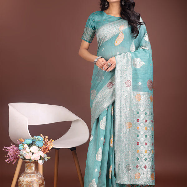 Astita Elegant Sea Green Linen Cotton Saree with Zari Border & Woven Motifs - Perfect for Sophisticated Everyday & Festive Looks - Distacart