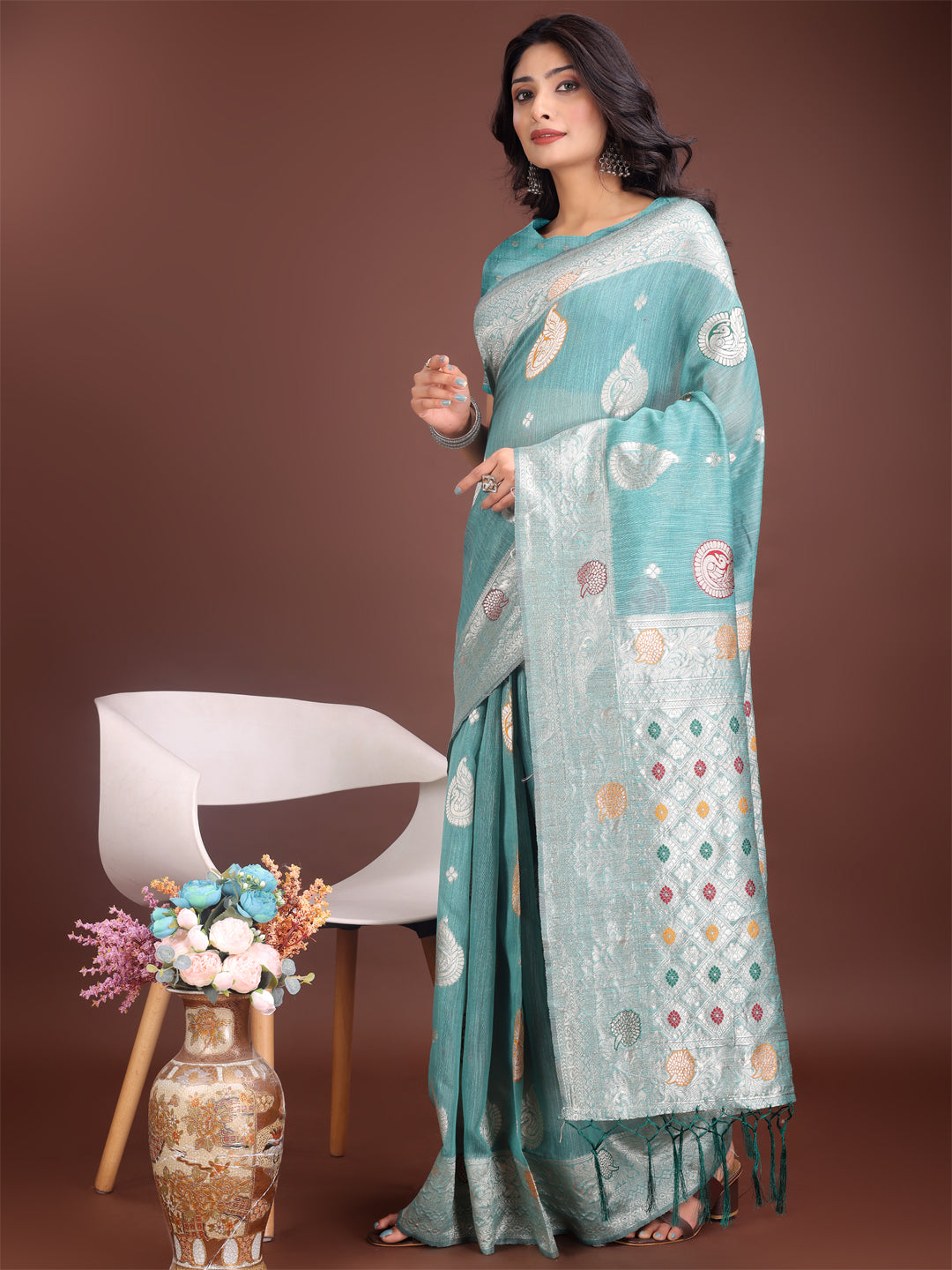Astita Elegant Sea Green Linen Cotton Saree with Zari Border & Woven Motifs - Perfect for Sophisticated Everyday & Festive Looks - Distacart