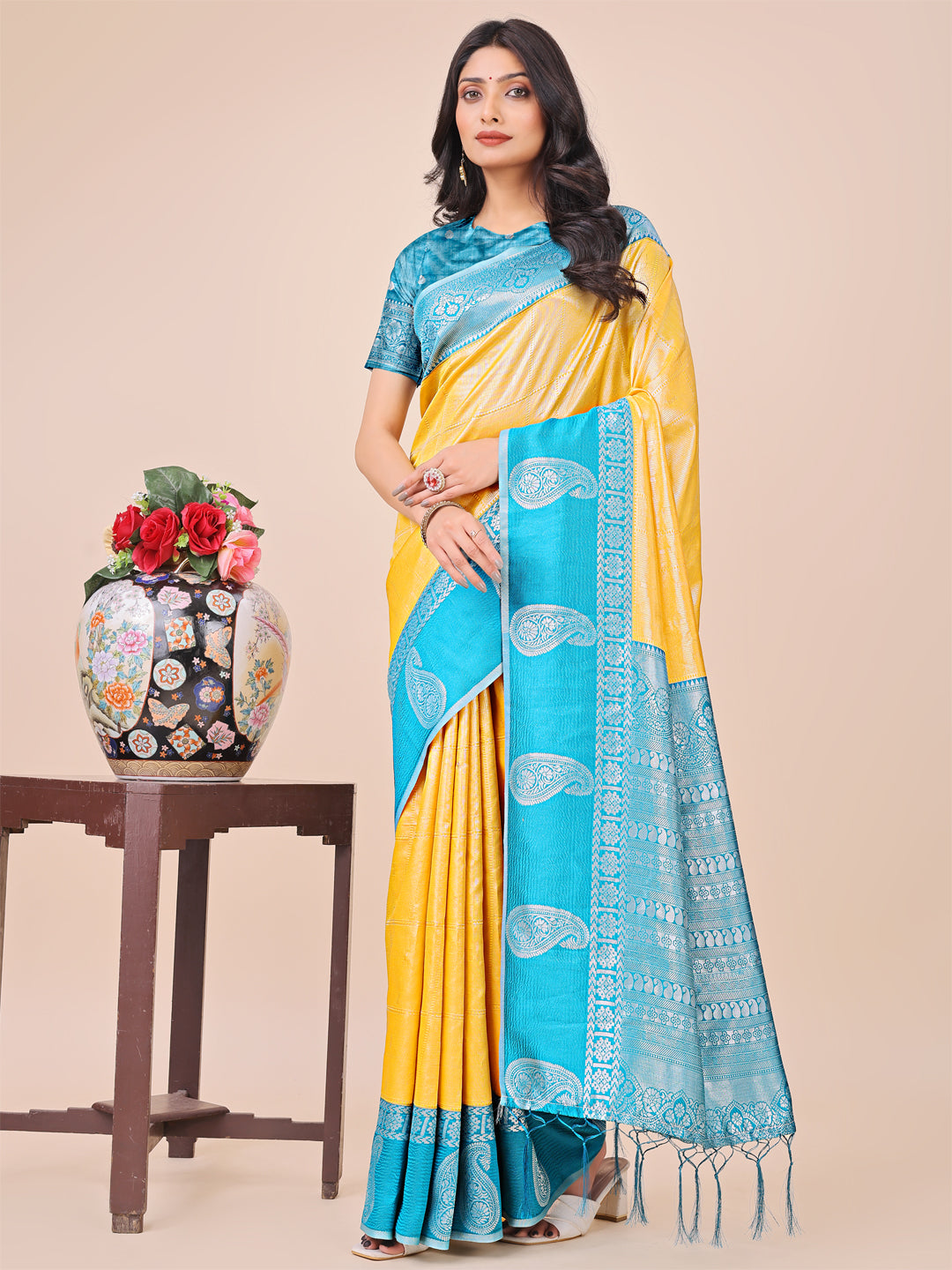 Astita Graceful Light & Dark Yellow Silk Saree with Rich Woven Border & Paisley Pallu - Perfect for Festive & Wedding Wear - Distacart