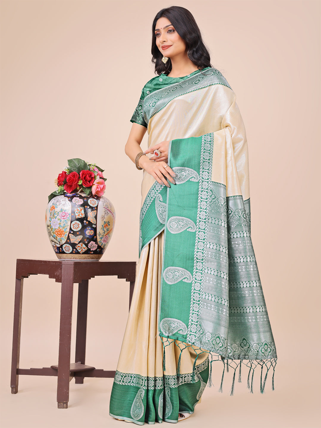 Astita Graceful Light & Dark Cream Silk Saree with Rich Woven Border & Paisley Pallu - Perfect for Festive & Wedding Wear - Distacart